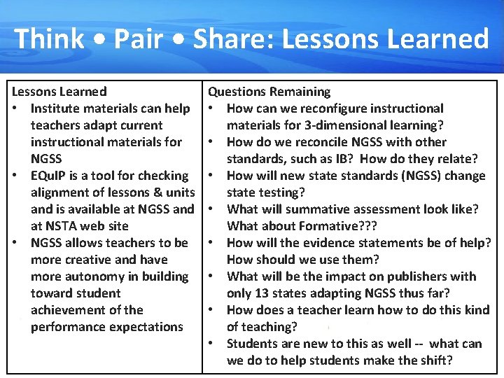 Think • Pair • Share: Lessons Learned • Institute materials can help teachers adapt
