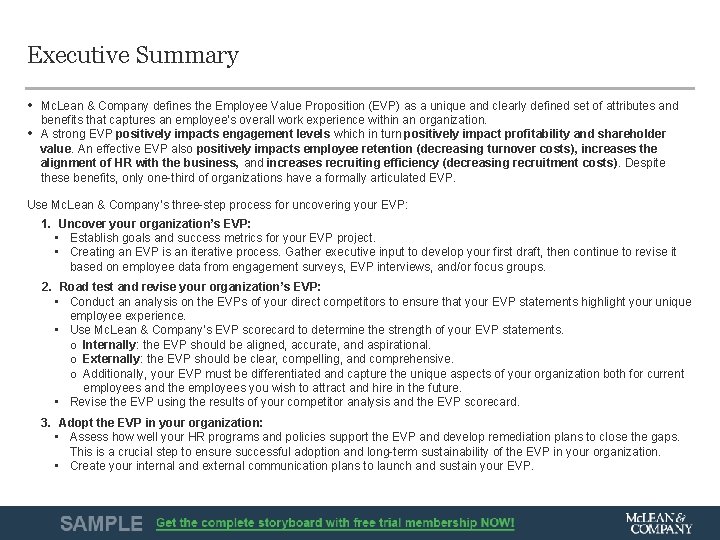 Executive Summary • Mc. Lean & Company defines the Employee Value Proposition (EVP) as