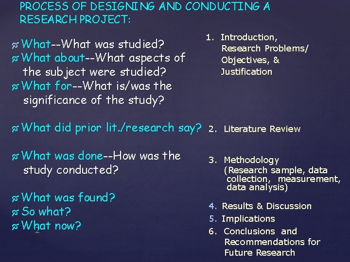 PROCESS OF DESIGNING AND CONDUCTING A RESEARCH PROJECT: What--What was studied? What about--What aspects