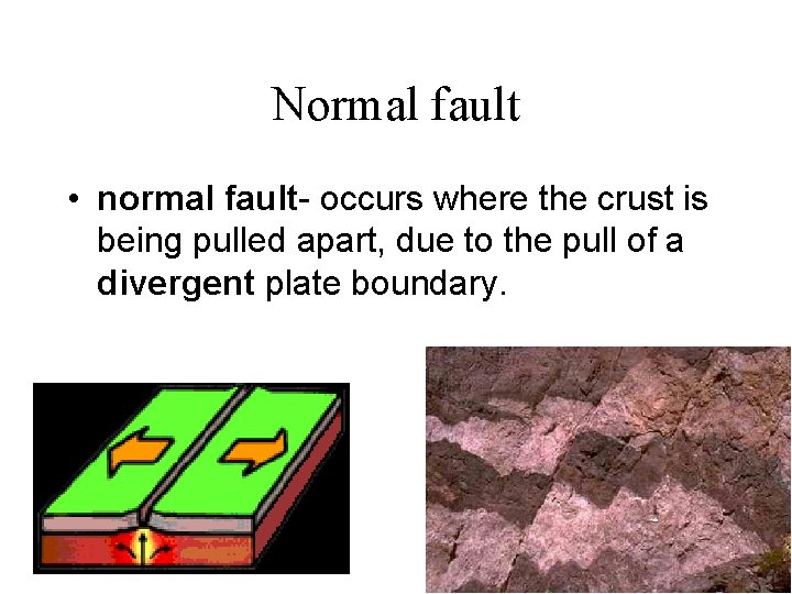 Normal fault • normal fault- occurs where the crust is being pulled apart, due