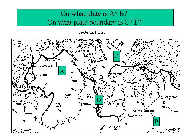 On what plate is A? B? On what plate boundary is C? D? C