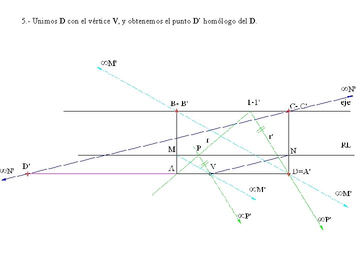 5. - Unimos D con el vértice V, y obtenemos el punto D’ homólogo