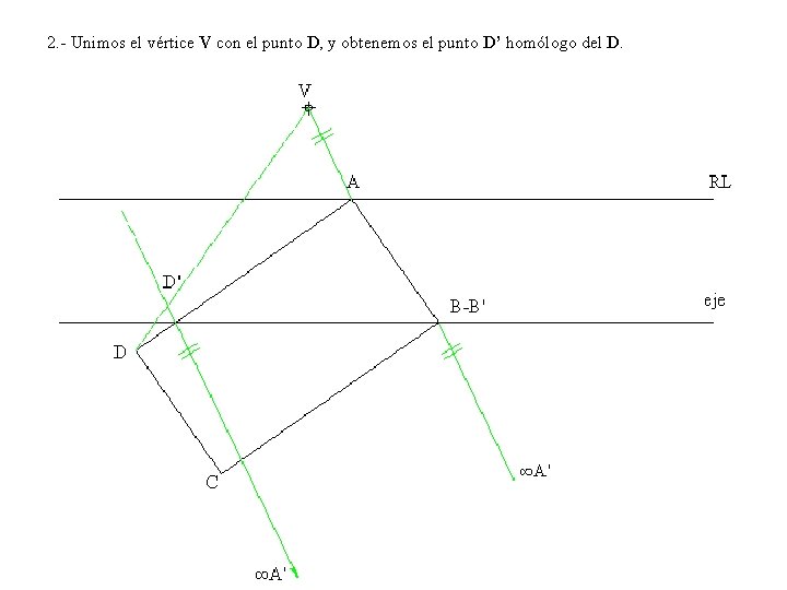 2. - Unimos el vértice V con el punto D, y obtenemos el punto