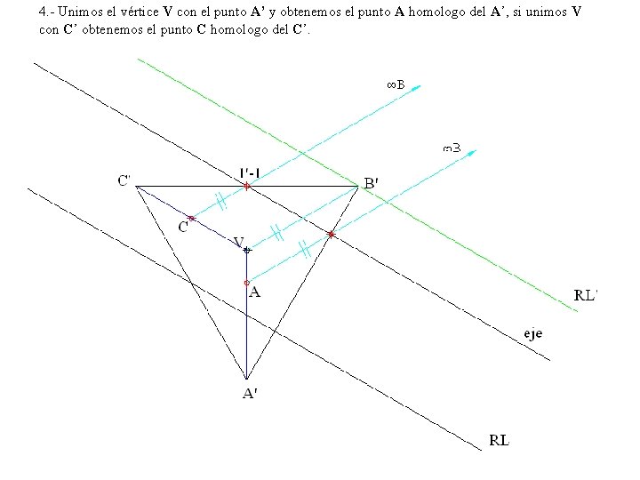 4. - Unimos el vértice V con el punto A’ y obtenemos el punto