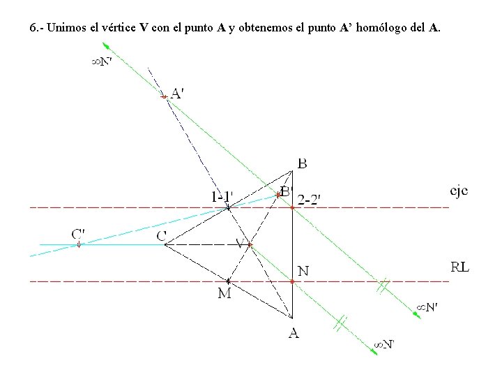 6. - Unimos el vértice V con el punto A y obtenemos el punto