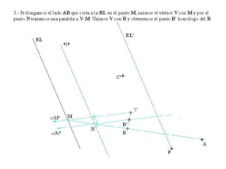 3. - Prolongamos el lado AB que corta a la RL en el punto