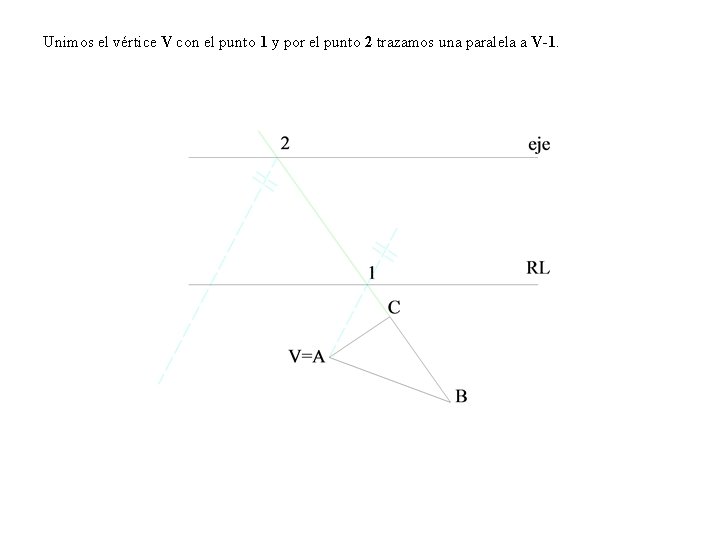 Unimos el vértice V con el punto 1 y por el punto 2 trazamos