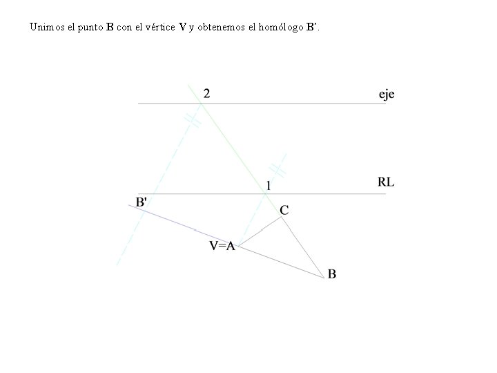 Unimos el punto B con el vértice V y obtenemos el homólogo B’. Unimos el punto B con el vértice V y obtenemos el homólogo B’.