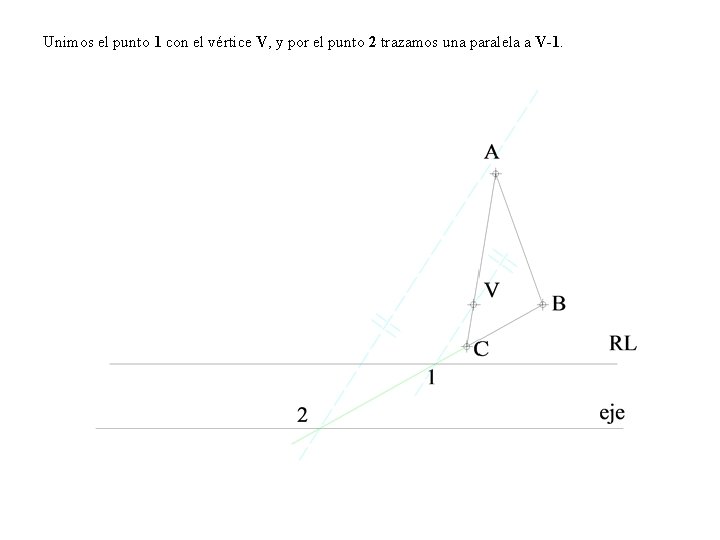 Unimos el punto 1 con el vértice V, y por el punto 2 trazamos