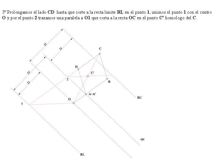 3º Prolongamos el lado CD hasta que corte a la recta limite RL en 3º Prolongamos el lado CD hasta que corte a la recta limite RL en