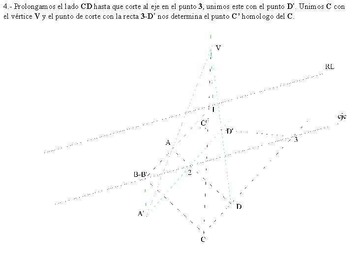 4. - Prolongamos el lado CD hasta que corte al eje en el punto