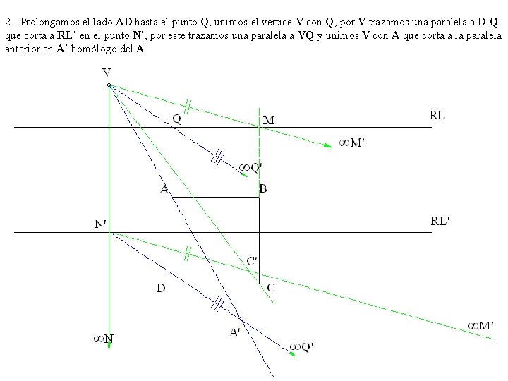 2. - Prolongamos el lado AD hasta el punto Q, unimos el vértice V
