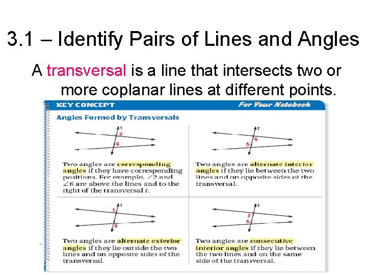 3. 1 – Identify Pairs of Lines and Angles A transversal is a line