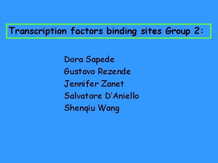 Transcription factors binding sites Group 2: Dora Sapede Gustavo Rezende Jennifer Zanet Salvatore D’Aniello