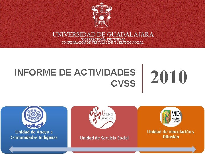 UNIVERSIDAD DE GUADALAJARA VICERRECTORÍA EJECUTIVA/ COORDINACIÓN DE VINCULACIÓN Y SERVICIO SOCIAL INFORME DE ACTIVIDADES UNIVERSIDAD DE GUADALAJARA VICERRECTORÍA EJECUTIVA/ COORDINACIÓN DE VINCULACIÓN Y SERVICIO SOCIAL INFORME DE ACTIVIDADES
