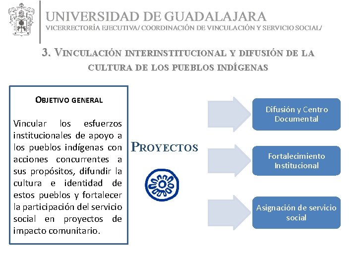 3. VINCULACIÓN INTERINSTITUCIONAL Y DIFUSIÓN DE LA CULTURA DE LOS PUEBLOS INDÍGENAS OBJETIVO GENERAL 3. VINCULACIÓN INTERINSTITUCIONAL Y DIFUSIÓN DE LA CULTURA DE LOS PUEBLOS INDÍGENAS OBJETIVO GENERAL