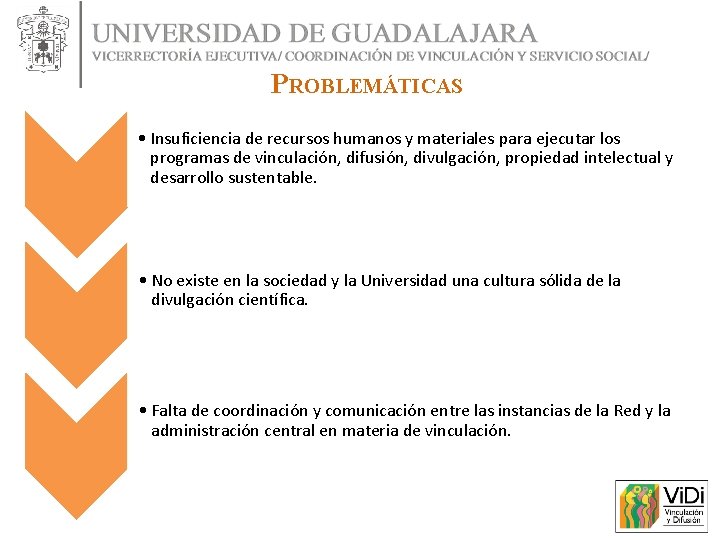 PROBLEMÁTICAS • Insuficiencia de recursos humanos y materiales para ejecutar los programas de vinculación, PROBLEMÁTICAS • Insuficiencia de recursos humanos y materiales para ejecutar los programas de vinculación,