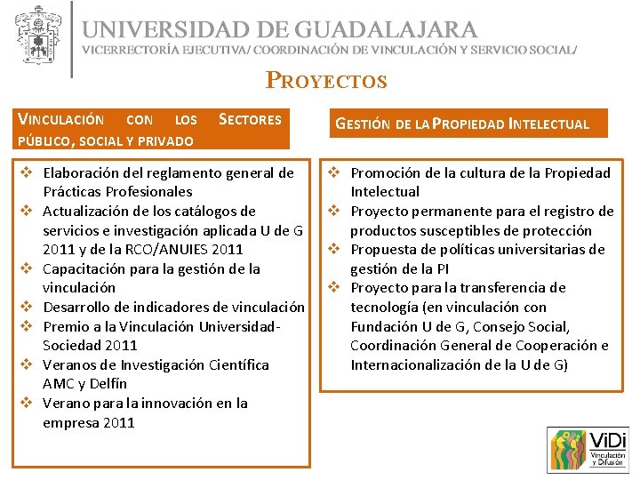 PROYECTOS VINCULACIÓN CON LOS PÚBLICO, SOCIAL Y PRIVADO SECTORES v Elaboración del reglamento general PROYECTOS VINCULACIÓN CON LOS PÚBLICO, SOCIAL Y PRIVADO SECTORES v Elaboración del reglamento general