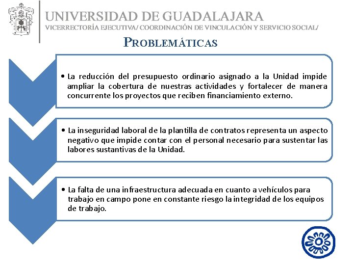 PROBLEMÁTICAS • La reducción del presupuesto ordinario asignado a la Unidad impide ampliar la PROBLEMÁTICAS • La reducción del presupuesto ordinario asignado a la Unidad impide ampliar la