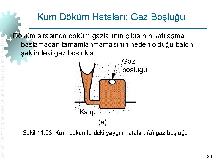 EUT 231 Üretim Yöntemleri – Doç. Dr. Murat VURAL (İTÜ Makina Fakültesi) Kum Döküm