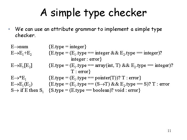A simple type checker • We can use an attribute grammar to implement a
