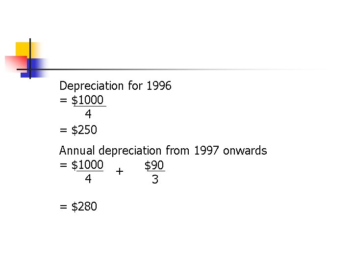 Depreciation for 1996 = $1000 4 = $250 Annual depreciation from 1997 onwards =