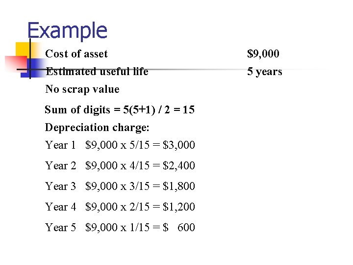 Example Cost of asset $9, 000 Estimated useful life No scrap value 5 years