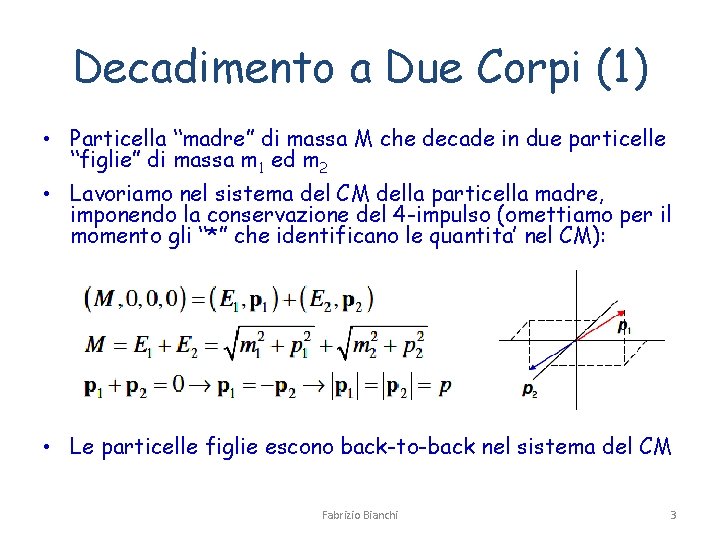 Decadimento a Due Corpi (1) • Particella “madre” di massa M che decade in