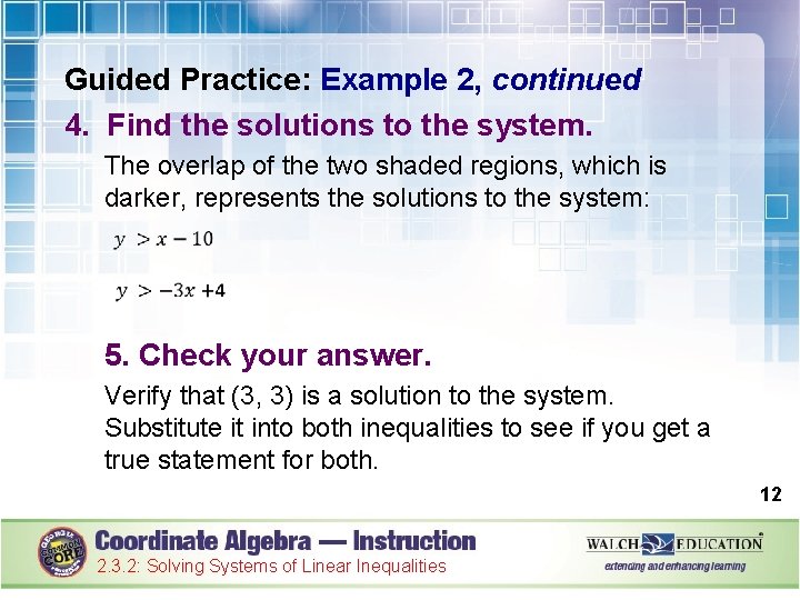 Guided Practice: Example 2, continued 4. Find the solutions to the system. The overlap