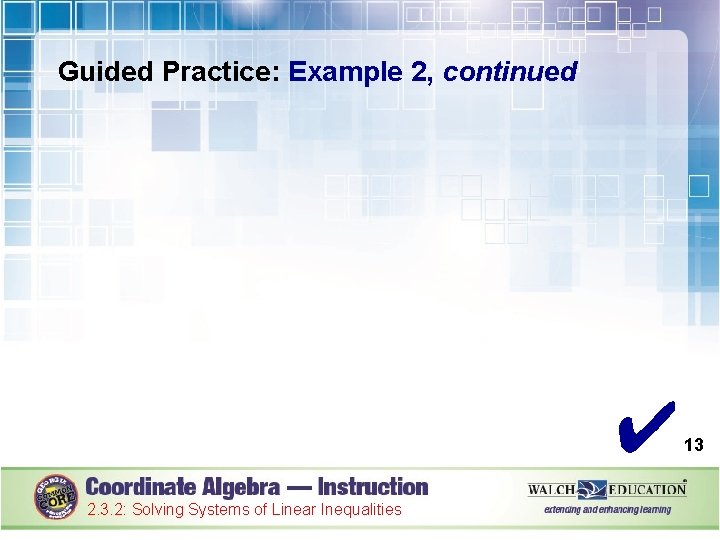 Guided Practice: Example 2, continued ✔ 2. 3. 2: Solving Systems of Linear Inequalities