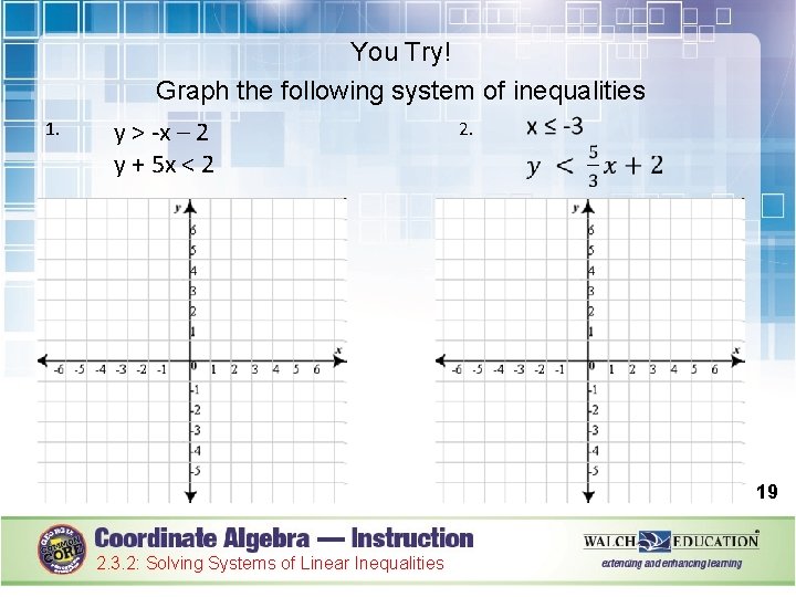 You Try! Graph the following system of inequalities 1. y ˃ -x – 2