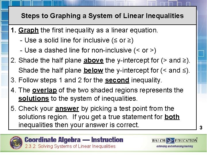 Steps to Graphing a System of Linear Inequalities 1. Graph the first inequality as