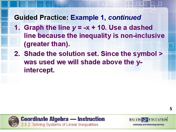 Guided Practice: Example 1, continued 1. Graph the line y = -x + 10.