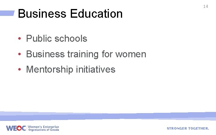 Business Education 14 • Public schools • Business training for women • Mentorship initiatives