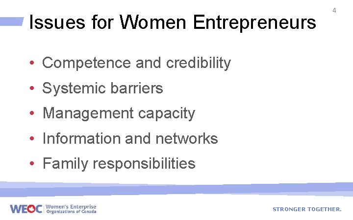Issues for Women Entrepreneurs 4 • Competence and credibility • Systemic barriers • Management