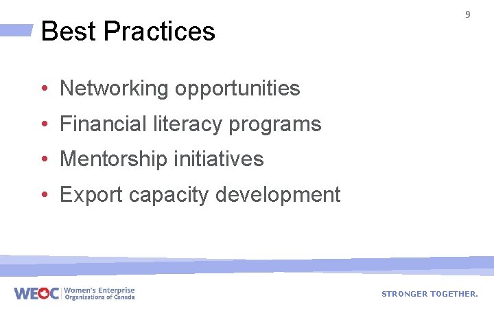 Best Practices 9 • Networking opportunities • Financial literacy programs • Mentorship initiatives •