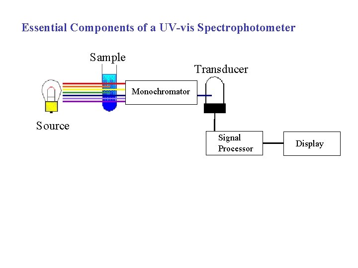 Essential Components of a UV-vis Spectrophotometer Sample Transducer Monochromator Source Signal Processor Display 