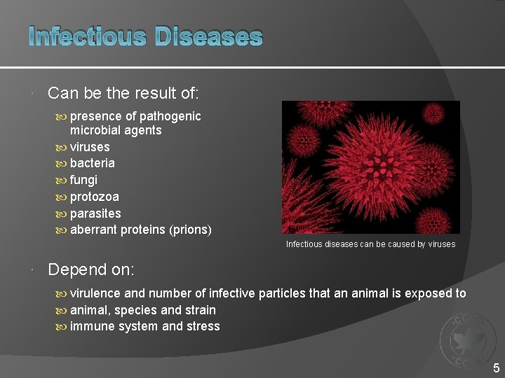 Infectious Diseases Can be the result of: presence of pathogenic microbial agents viruses bacteria