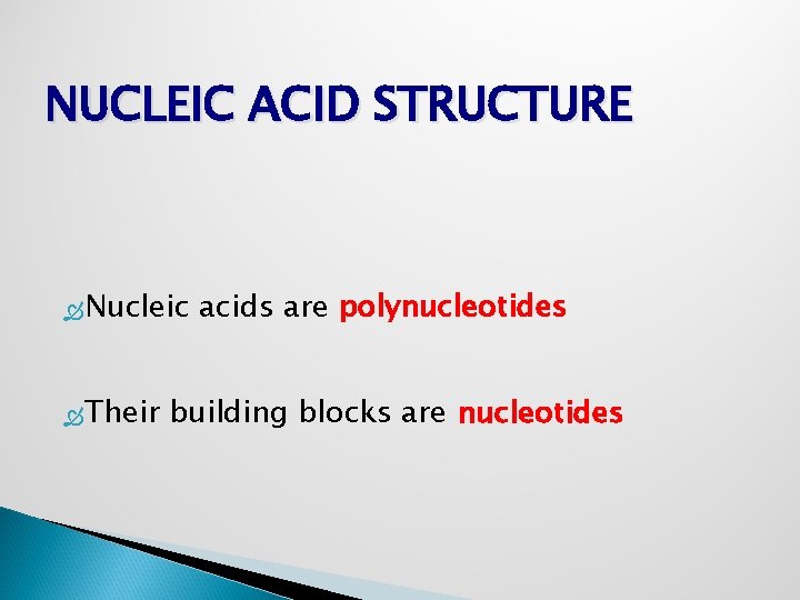 NUCLEIC ACID STRUCTURE Nucleic Their acids are polynucleotides building blocks are nucleotides 