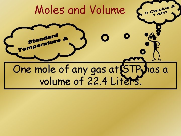 Moles and Volume One mole of any gas at STP has a volume of