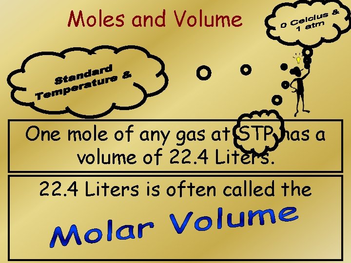 Moles and Volume One mole of any gas at STP has a volume of