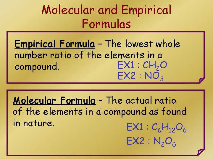 Molecular and Empirical Formulas Empirical Formula – The lowest whole number ratio of the