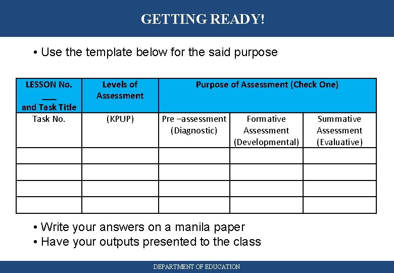GETTING READY! • Use the template below for the said purpose LESSON No. ___