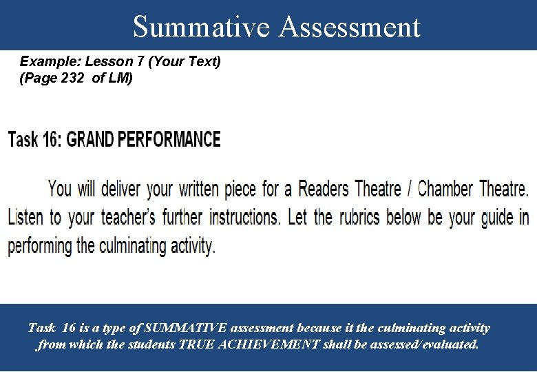 Summative Assessment Example: Lesson 7 (Your Text) (Page 232 of LM) Task 16 is
