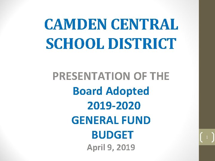 CAMDEN CENTRAL SCHOOL DISTRICT PRESENTATION OF THE Board Adopted 2019 -2020 GENERAL FUND BUDGET