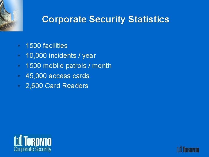 Corporate Security Statistics • • • 1500 facilities 10, 000 incidents / year 1500