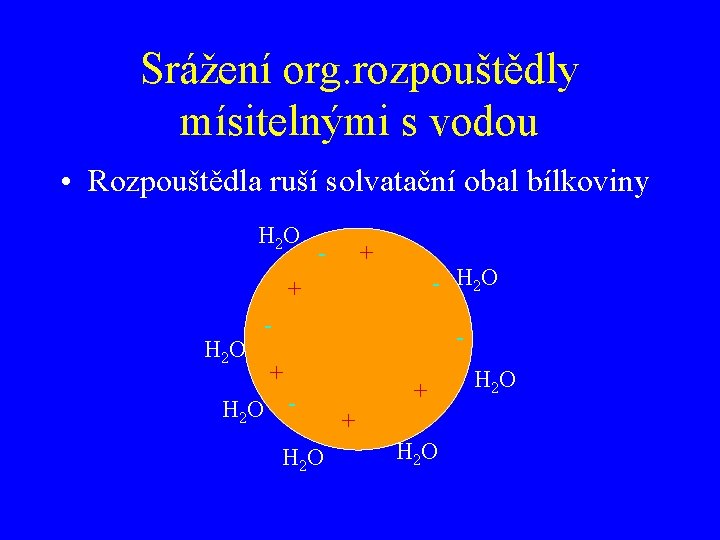 Srážení org. rozpouštědly mísitelnými s vodou • Rozpouštědla ruší solvatační obal bílkoviny H 2