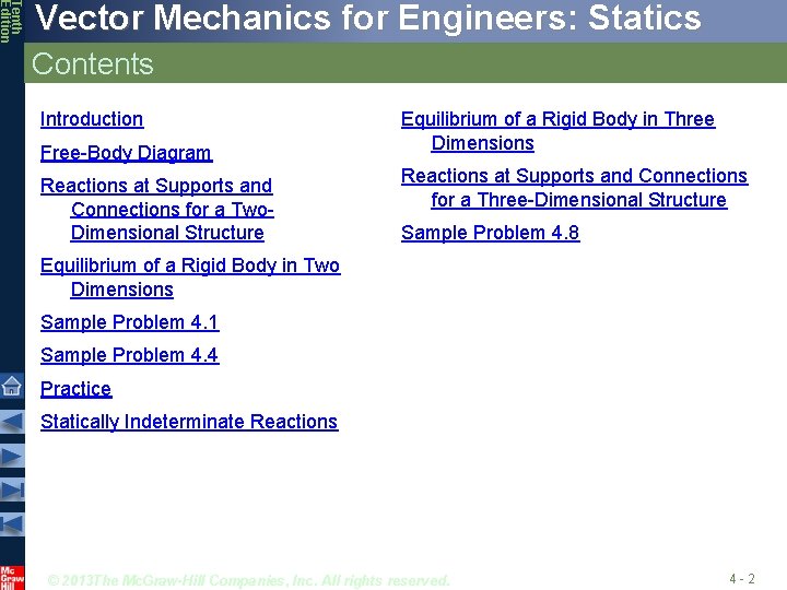 Tenth Edition Vector Mechanics for Engineers: Statics Contents Introduction Free-Body Diagram Reactions at Supports
