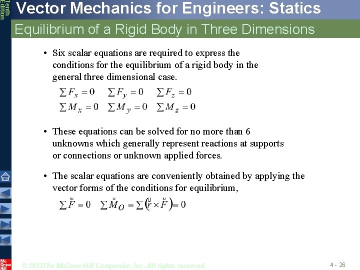 Tenth Edition Vector Mechanics for Engineers: Statics Equilibrium of a Rigid Body in Three