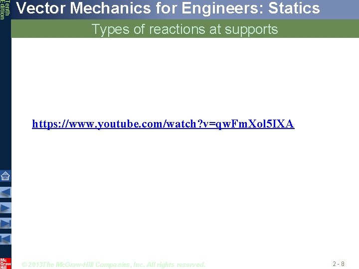 Tenth Edition Vector Mechanics for Engineers: Statics Types of reactions at supports https: //www.